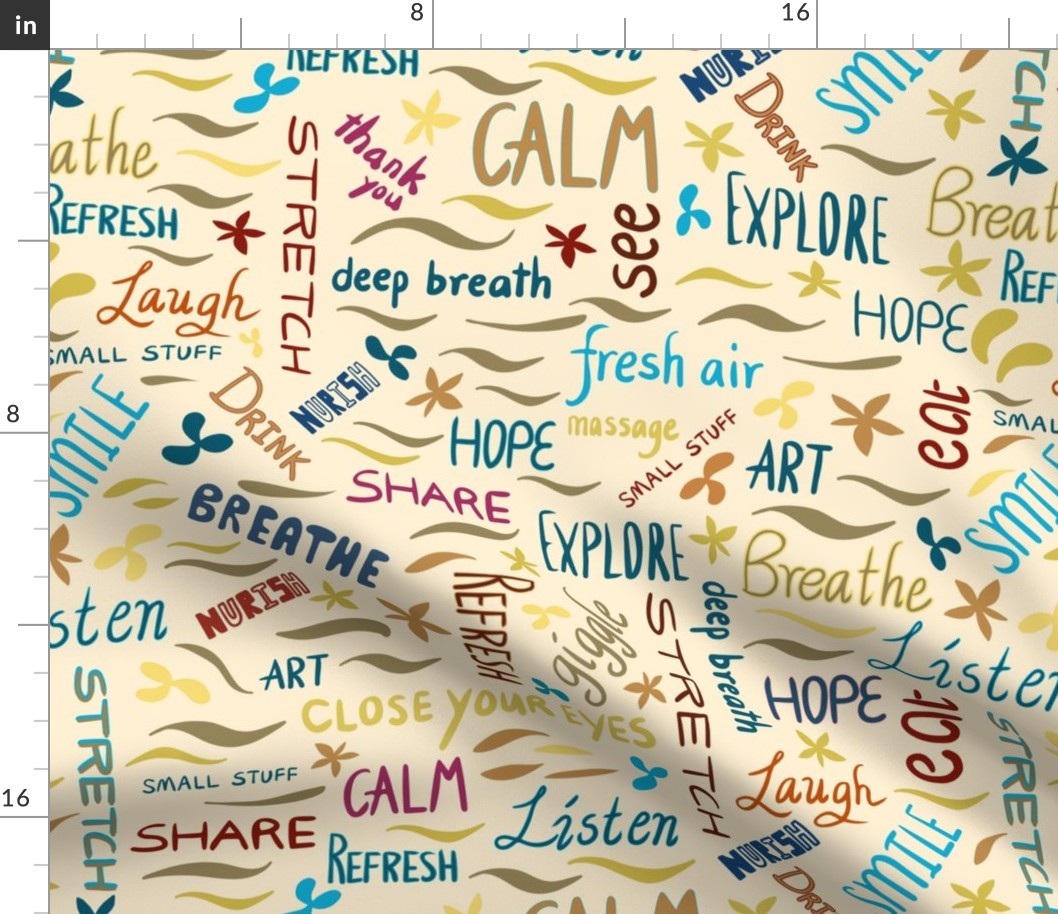 Laugh, Calm, Share, breathe, Break room, multi-color typoography