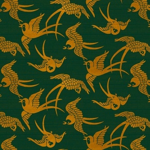 VINTAGE JAPANESE SWALLOWS - WARM GOLD  ON GREEN