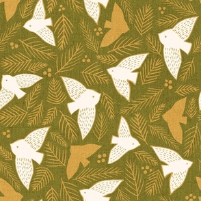 Fir Sprigs and Birds {Green/Gold} large