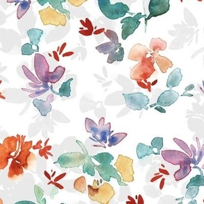 Large Watercolor Flowers Hand Painted Green Red White Background Grey Silhouette Fabric Wallpaper