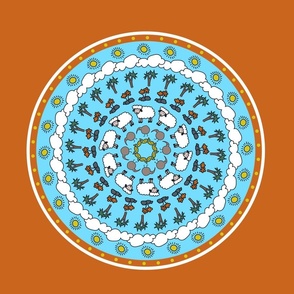 014 - Kiwi farm life mandala, with sheep, kiwi birds, sun, clouds, cabbage trees and fish - sized for 18" pillows - with bold orange, turquoise, mustard yellow, black and white