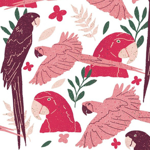 Red Parrot and Tropical Leaf Pattern on White - big scale