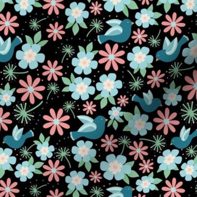 Medium Scale Turquoise Birds and Spring Flowers - Dark Background