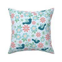 Large Scale Turquoise Birds and Spring Flowers - Light Background