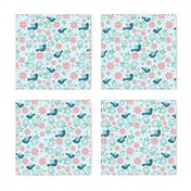 Medium Scale Turquoise Birds and Spring Flowers - Light Background