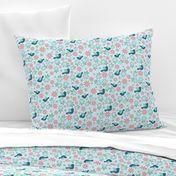 Medium Scale Turquoise Birds and Spring Flowers - Light Background