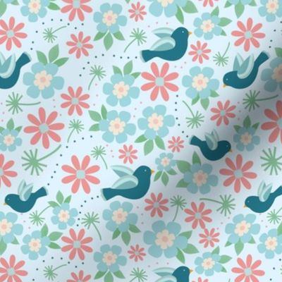 Medium Scale Turquoise Birds and Spring Flowers - Light Background