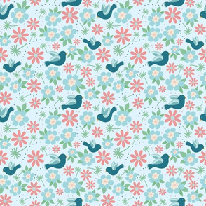 Medium Scale Turquoise Birds and Spring Flowers - Light Background