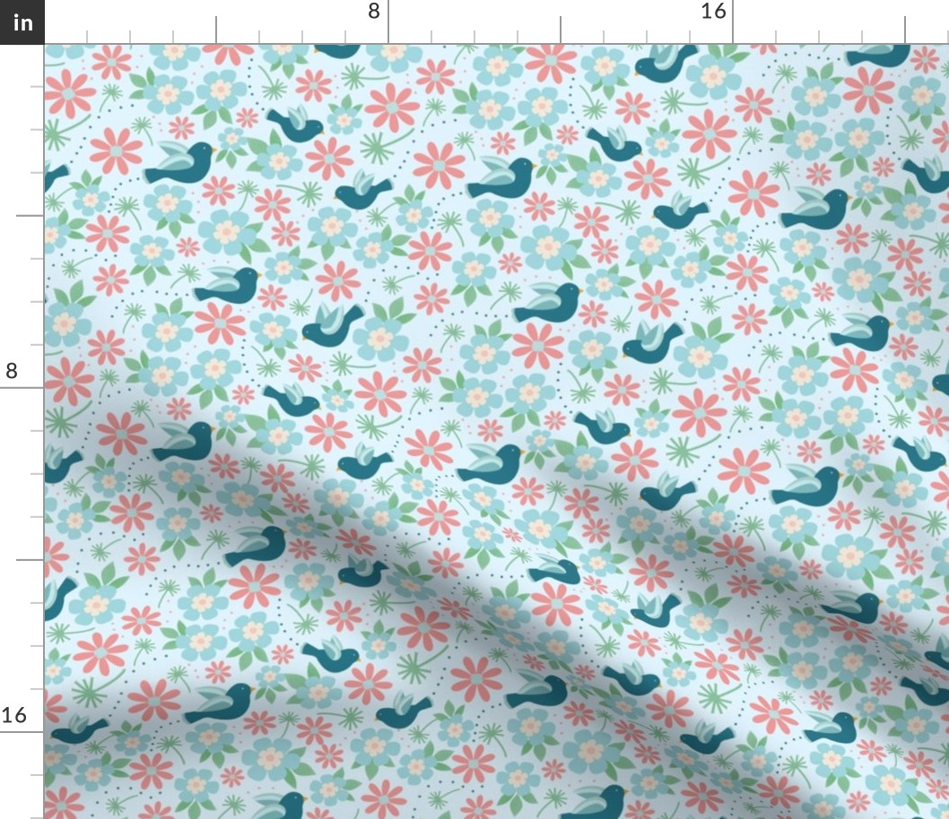 Medium Scale Turquoise Birds and Spring Flowers - Light Background