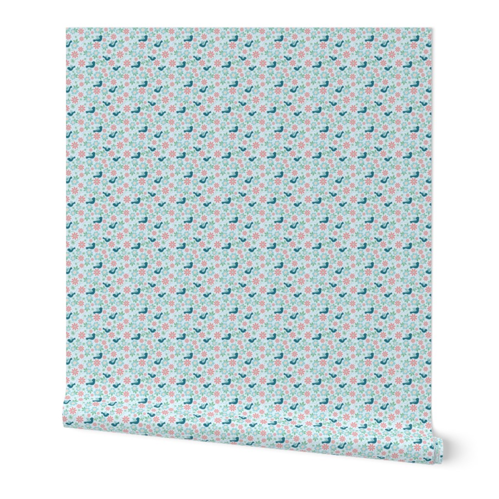 Small Scale Turquoise Birds and Spring Flowers - Light Background