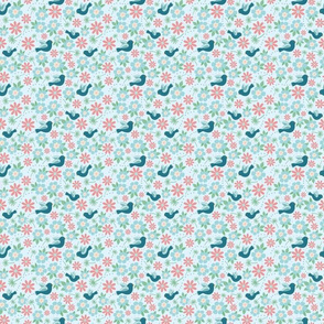 Small Scale Turquoise Birds and Spring Flowers - Light Background