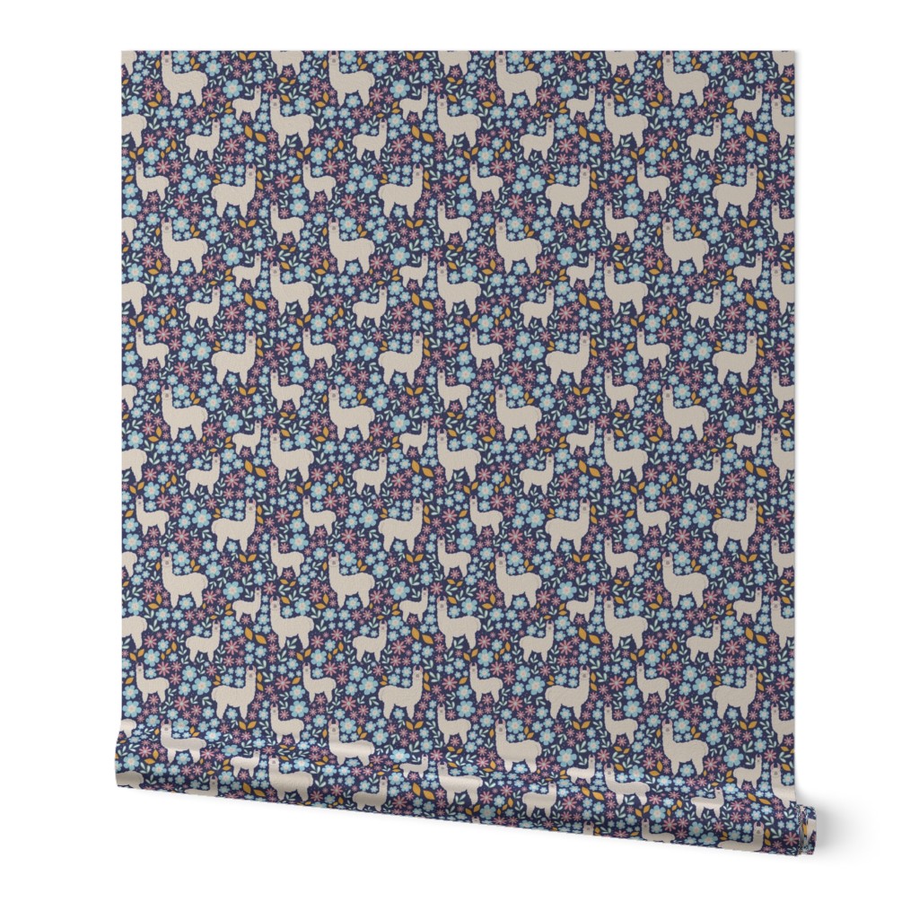 Smaller Scale - Mama Llama Floral Scatter on Navy