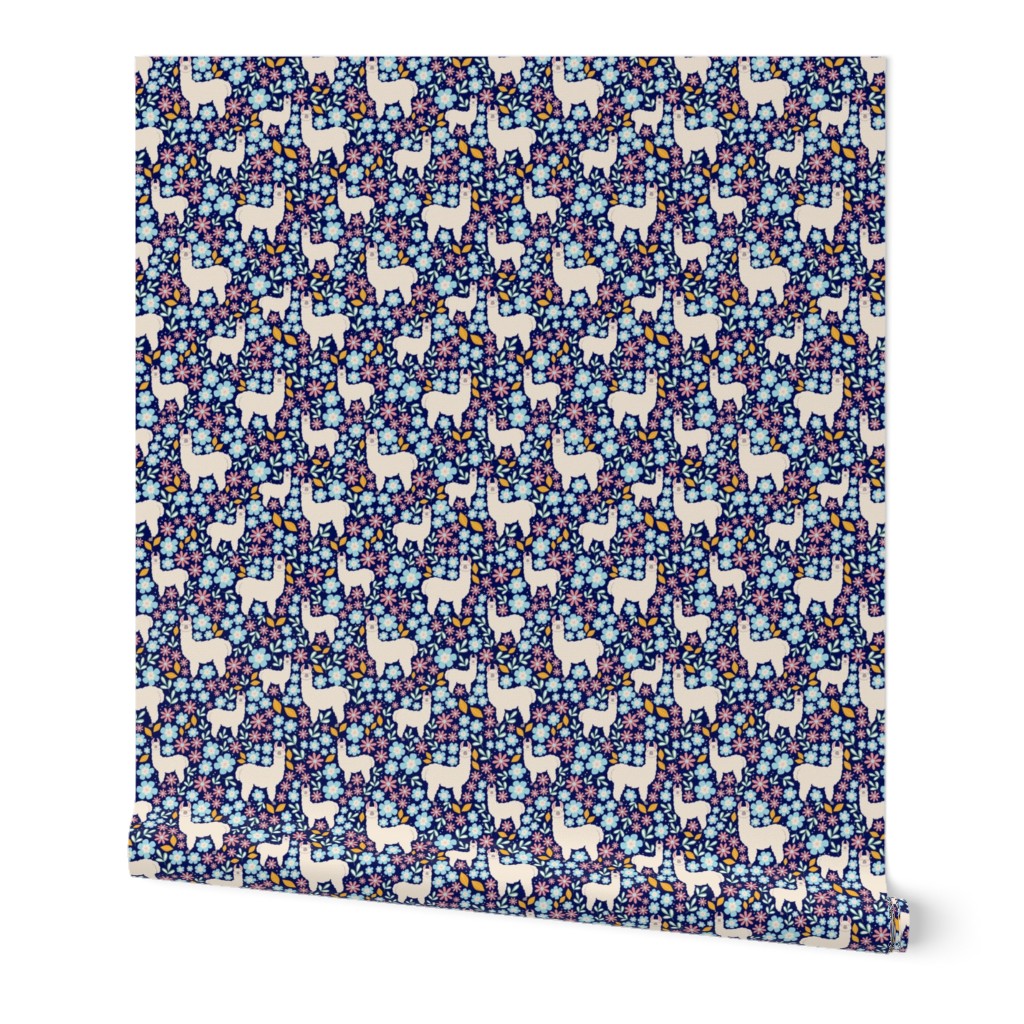 Smaller Scale - Mama Llama Floral Scatter on Navy