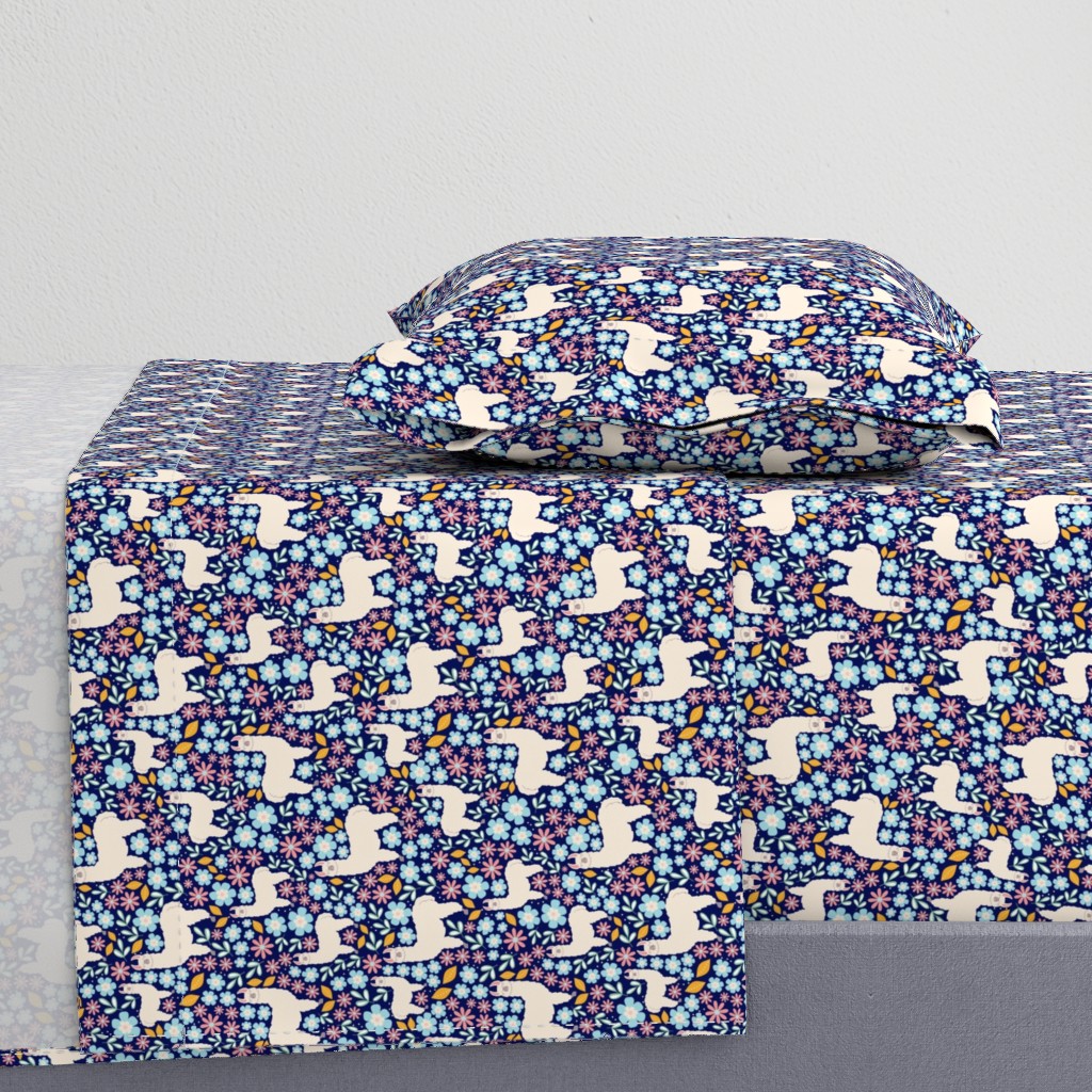 Smaller Scale - Mama Llama Floral Scatter on Navy