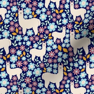 Smaller Scale - Mama Llama Floral Scatter on Navy