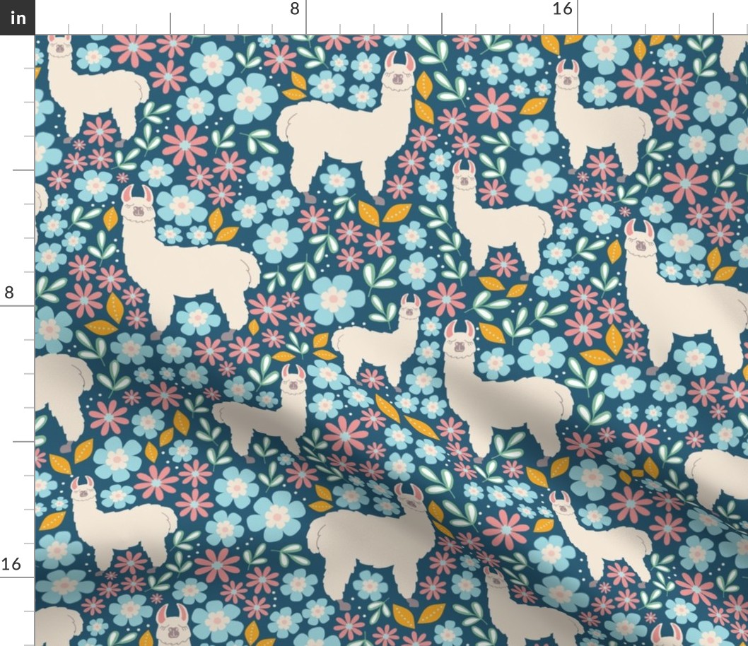 Larger Scale - Mama Llama Floral Scatter on Turquoise