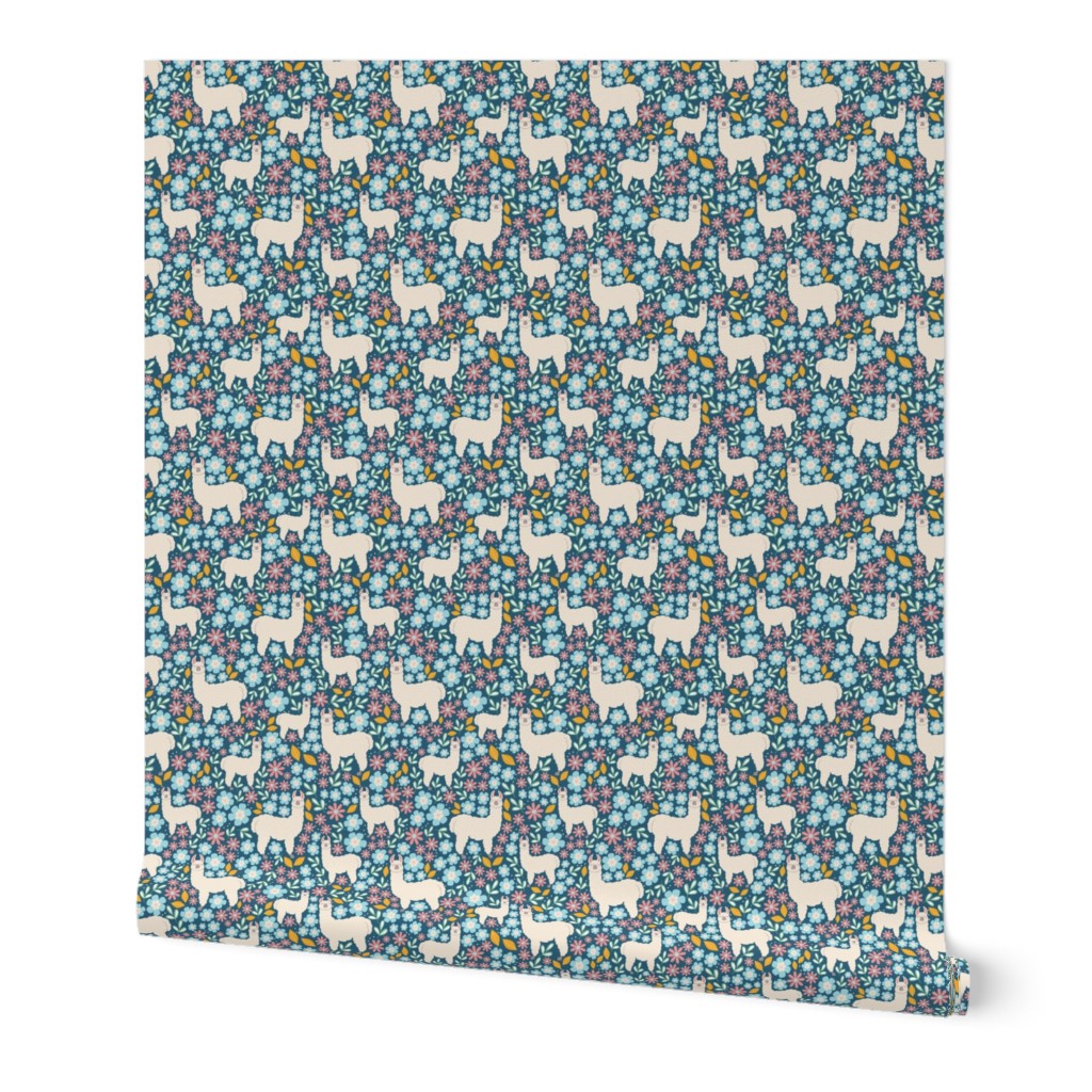 Smaller Scale - Mama Llama Floral Scatter on Turquoise