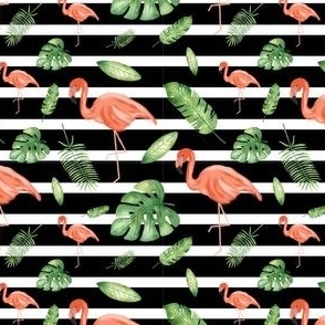 Tropical Flamingos On Black and White Stripes