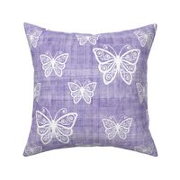 Large Scale White Butterflies on Lavender Purple Linen Texture