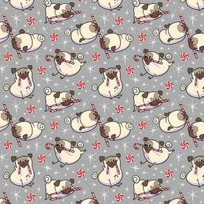 Candy Cane Pugs Fawn - flannel gray