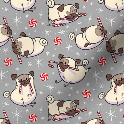 Candy Cane Pugs Fawn - flannel gray