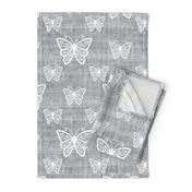 Large Scale White Butterflies on Pale Grey Linen Texture