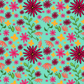 Whimsical Folksy Florals on Bright  Green