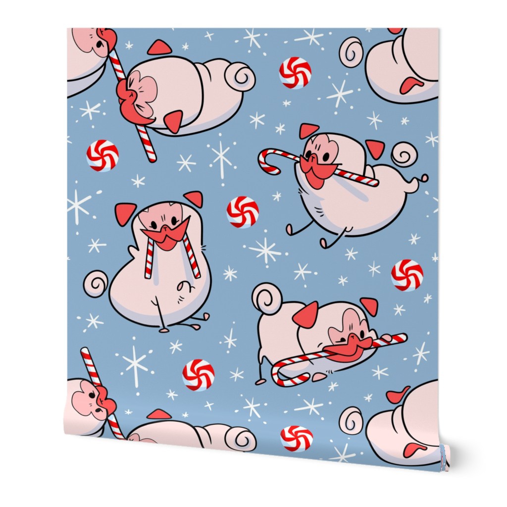Candy Cane Pugs Pink - antique blue