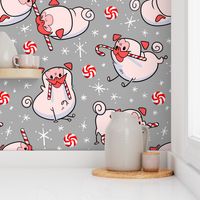 Candy Cane Pugs Pink - flannel gray