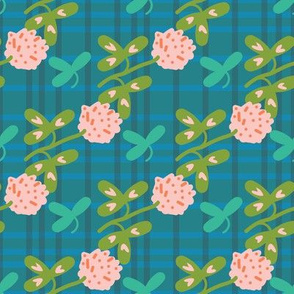 pink clover on turquoise plaid by rysunki_malunki