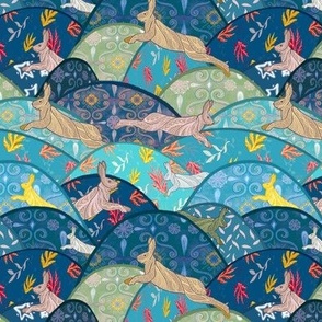 Small doodled hares jumping over patterned patchwork hills landscape blues turquoise direct