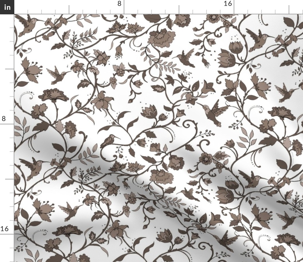 Hummingbird Chintz // brown taupe on white