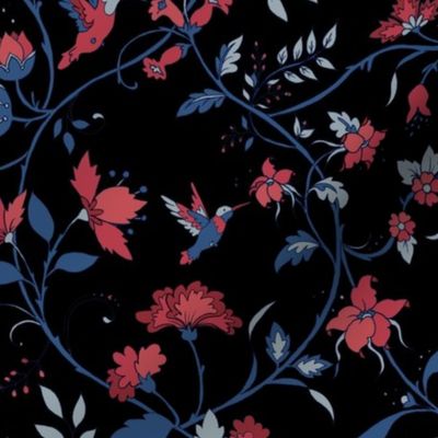 Hummingbird Chintz // blue and red on black