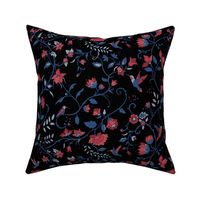 Hummingbird Chintz // blue and red on black