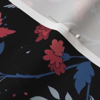 Hummingbird Chintz // blue and red on black