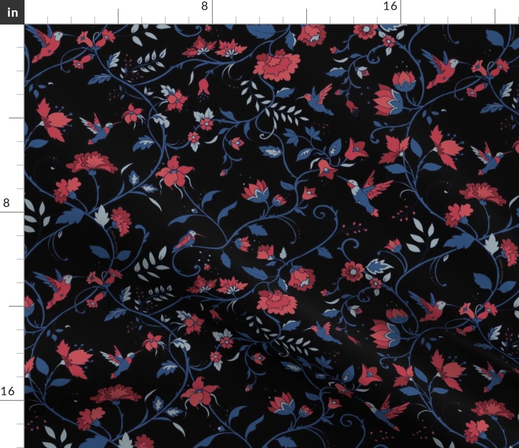 Hummingbird Chintz // blue and red on black