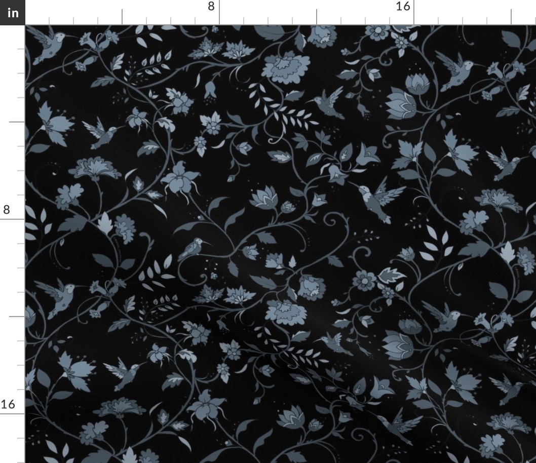 Hummingbird floral vines // slate blue & black