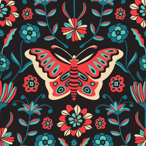 Folk Flutter Butterfly Floral in Red Blue Black - LARGE Scale - UnBlink Studio by Jackie Tahara