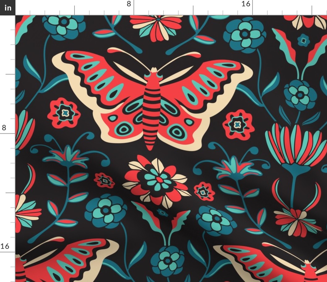 Folk Flutter Butterfly Floral in Red Blue Black - LARGE Scale - UnBlink Studio by Jackie Tahara