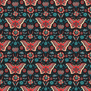 Folk Flutter Butterfly Floral in Red Blue Black - SMALL Scale - UnBlink Studio by Jackie Tahara