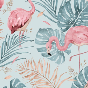Rose Flamingo - mint - wallpaper