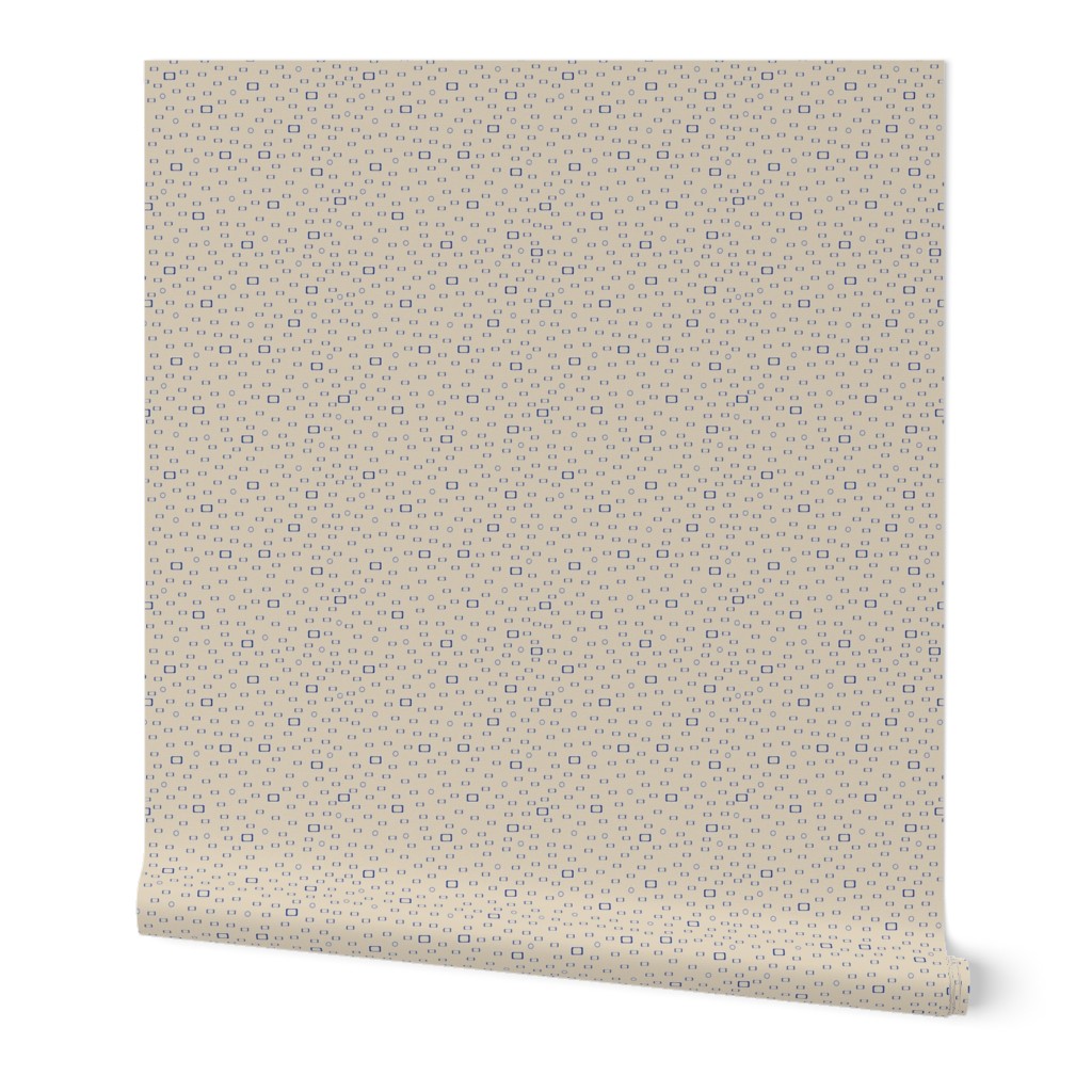 Bay of Many dark blue rectangles, squares  and circles on beige background