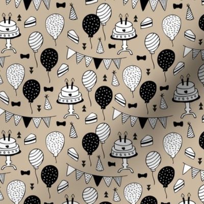 The minimalist birthday celebration party print garlands balloons and birthday cake design neutral beige latte black and white