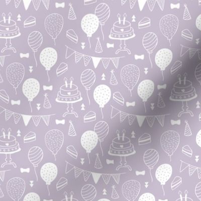 The minimalist boho birthday celebration party print garlands balloons and birthday cake design neutral spring lilac purple white