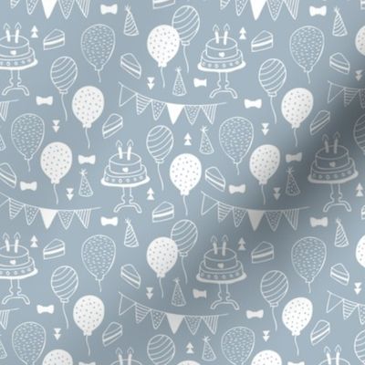 The minimalist boho birthday celebration party print garlands balloons and birthday cake design moody blue boys white