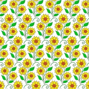 Wild Blossoming Sunny Sunflower - Wind in Grass Fields - Golden Yellow Floral Retro Pattern with Green Leaves - Colorful Pencil Line Dream Art - Small Scale Renew