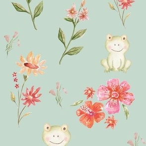 Amphibian green floral kawaii frogs