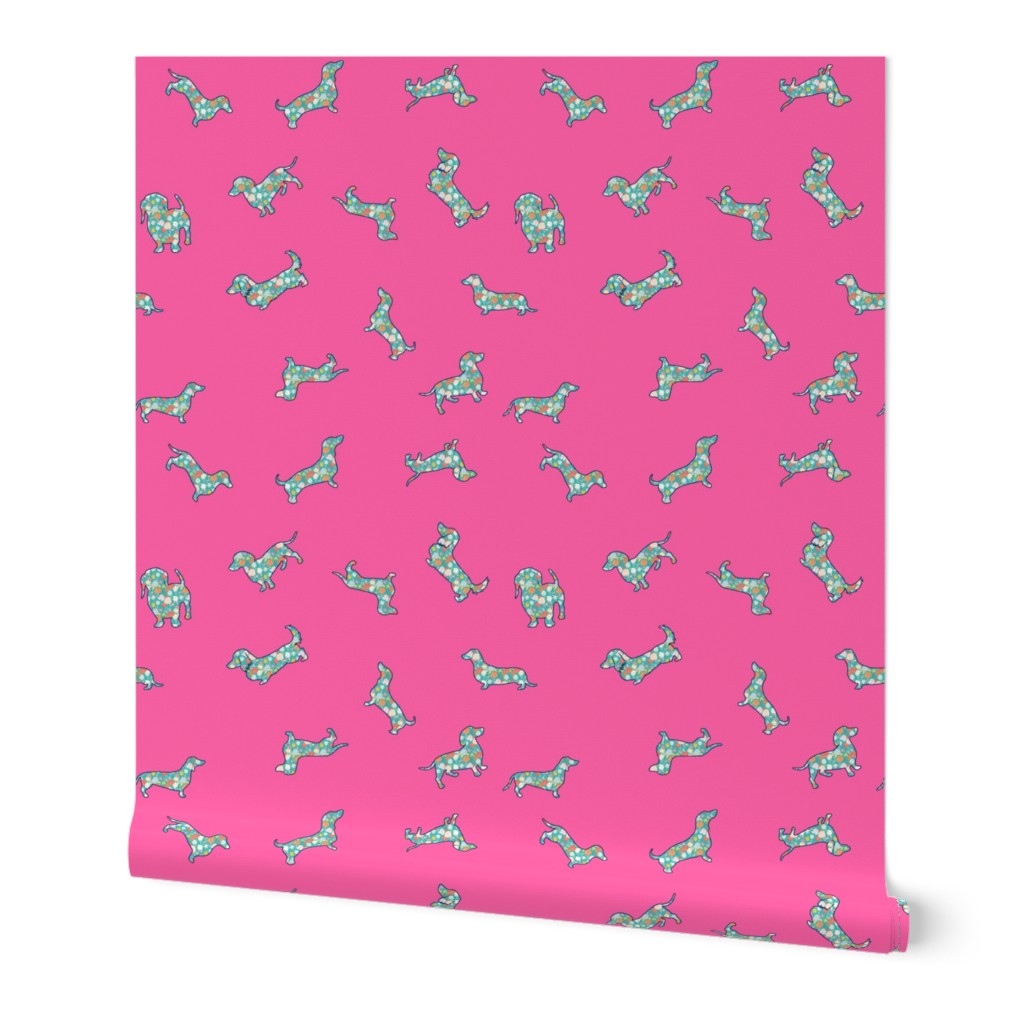 Floral Dachshunds // Bright Pink