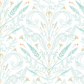 Wild Grass Damask Mint with Orange and White