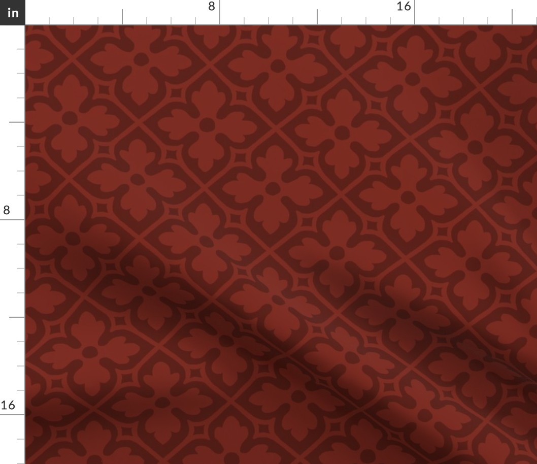 medieval-style geometric floral, dark brick red